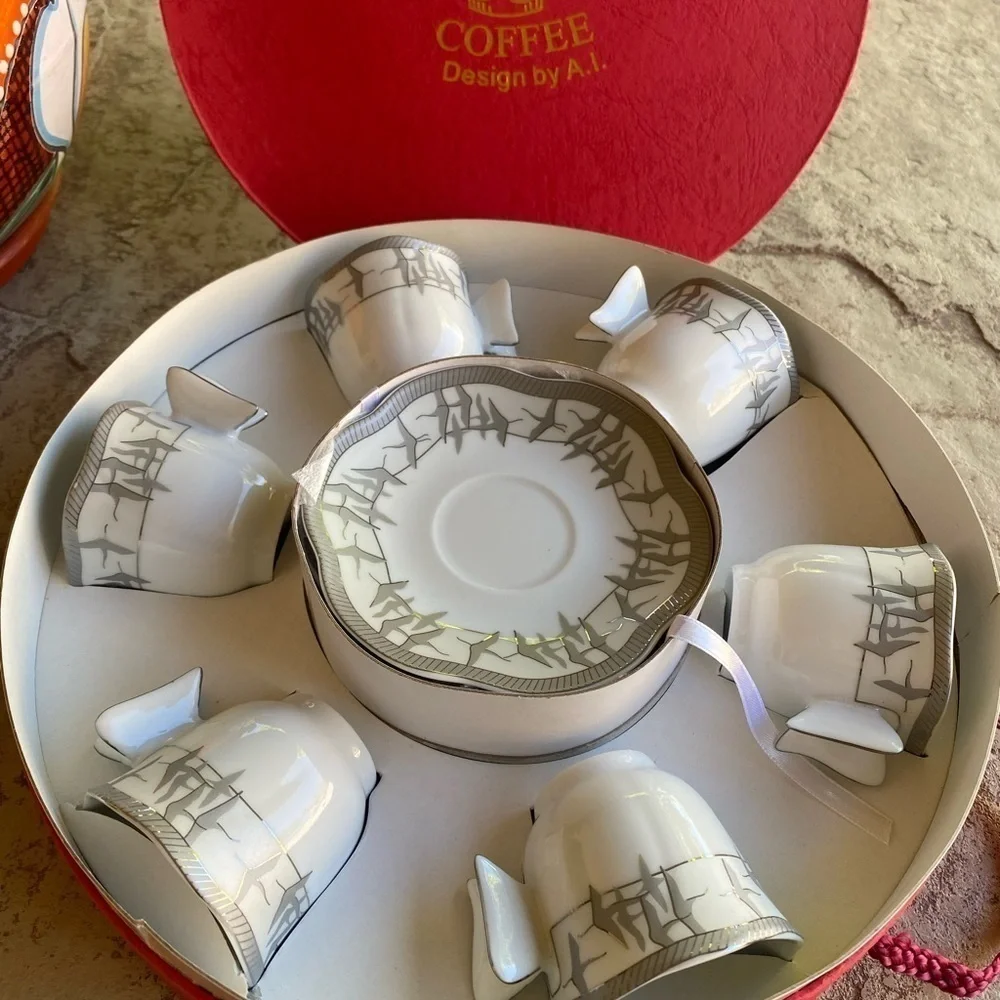COFFEE by A.I. Vintage Espresso Porcelain Set of 6 Cups&Saucers White Silver NEW